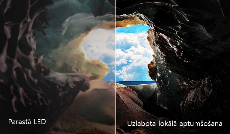 Perspektīva no alas iekšpuses ar skaut uz izeju, kur redzams horizonts un zilas debesis. Viss kadrs sadalīts uz pusēm, parādot QNED uzlaboto lokālo aptumšošanu. Vienā pusē krāsas un detaļas ir izbalējušas un attēli šķiet mazāk labi saskatāmi. Norāde: Parastā LED. Otrā pusē redzami izteikti melnie toņi, labāks kontrasts, spilgtums un krāsas. Norāde: Uzlabota lokālā aptumšošana. 