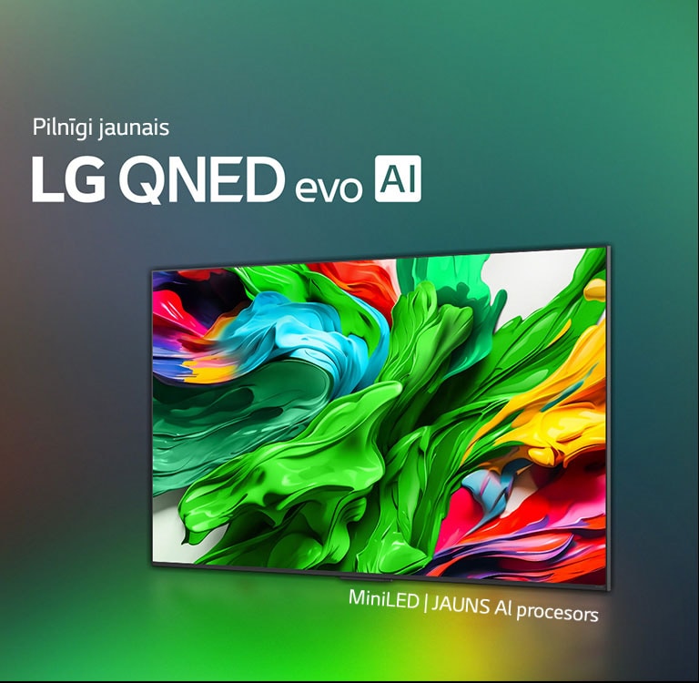 LG QNED TV uz krāsaina tumša fona. Ekrānā redzams spilgts un krāsains mākslas darbs ar QNED krāsu tehnoloģiju un iespēju parādīt plašu toņu spektru ar lielisku kontrastu. Parādīts pilnīgi jaunā LG QNED evo AI logotips. Subtitri: “QNED's MiniLED and new alpha AI processor” (“QNED MiniLED un jaunais alpha AI procesors”). Virsraksts: “Every Color Redefined, New Experience Begins” (“Katra krāsa tiek definēta no jauna, sākas jauna pieredze”).