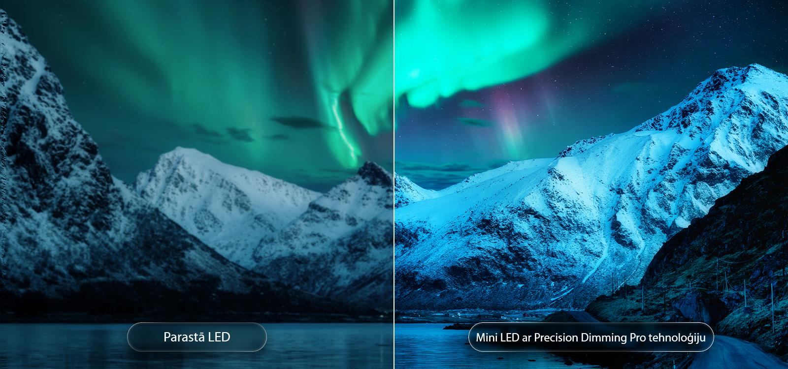 LG QNED evo AI QNED85 Mini LED izceļ Mini LED ar Precision Dimming Pro tehnoloģiju, izmantojot sadalītu polārās gaismas apgaismota ledāja kalnu ainas attēlu, salīdzinot parasto LED ar dziļākiem melnajiem toņiem un izsmalcinātu kontrastu, lai nodrošinātu lielāku precizitāti un skaidrību.