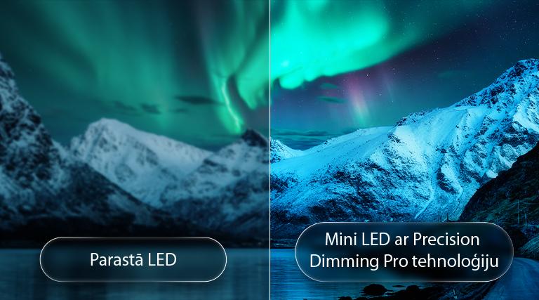 LG QNED evo AI QNED85 Mini LED izceļ Mini LED ar Precision Dimming Pro tehnoloģiju, izmantojot sadalītu polārās gaismas apgaismota ledāja kalnu ainas attēlu, salīdzinot parasto LED ar dziļākiem melnajiem toņiem un izsmalcinātu kontrastu, lai nodrošinātu lielāku precizitāti un skaidrību.