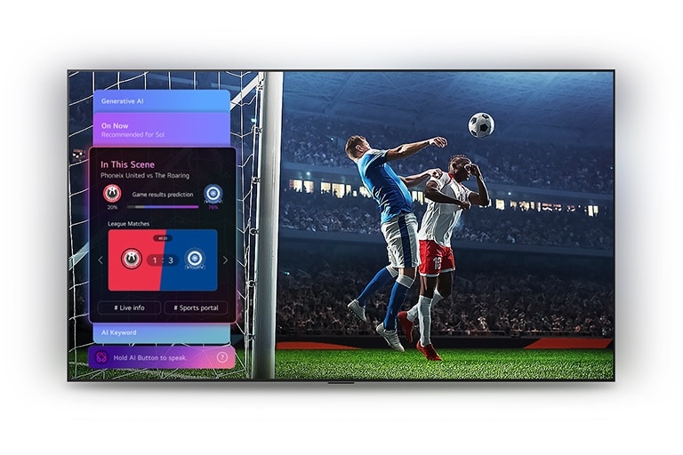 LG QNED evo AI QNED85 Mini LED Sports Forecast by AI Concierge rāda tiešraides futbola spēli ar ekrānā redzamu mākslīgā intelekta paneli, kurā tiek parādītas prognozes, spēles ieskati un līgas dati, norādot, kā mākslīgais intelekts analizē spēles gaitu, lai prognozētu spēles rezultātus.