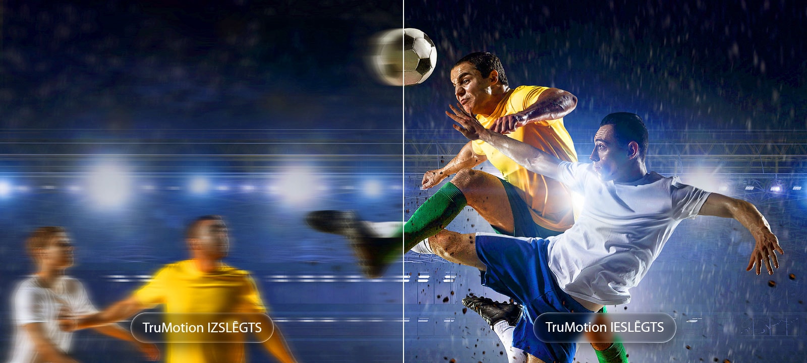 LG QNED evo AI QNED85 Mini LED ar TruMotion izceļ kustību izlīdzināšanu sadalītā ekrāna futbola ainā, kontrastējot izplūdušu darbību ar izslēgtu TruMotion un asas, skaidras kustības ar ieslēgtu TruMotion, lai uzsvērtu skaidrību ātras darbības sporta spēlēs.