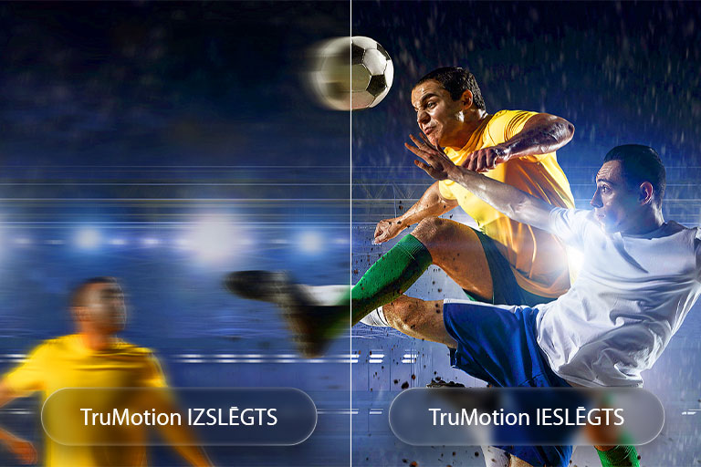 LG QNED evo AI QNED85 Mini LED ar TruMotion izceļ kustību izlīdzināšanu sadalītā ekrāna futbola ainā, kontrastējot izplūdušu darbību ar izslēgtu TruMotion un asas, skaidras kustības ar ieslēgtu TruMotion, lai uzsvērtu skaidrību ātras darbības sporta spēlēs.