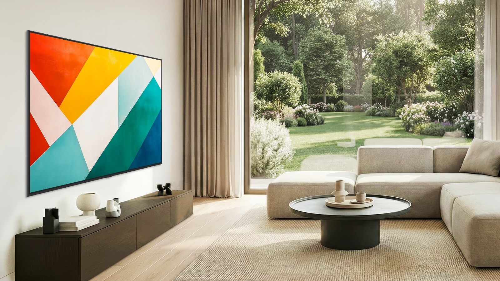 LG QNED evo AI QNED85 Mini LED ar Super Slim Design tehnoloģiju piestiprināts pie sienas gaišā, atvērtā tipa dzīvojamā telpā un saplūst ar interjeru, ekrānā rādot izteiktu ģeometrisku abstraktu mākslas darbu.
