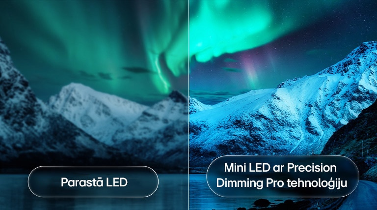 LG QNED evo AI Mini LED QNED90 izceļ Mini LED ar Precision Dimming Pro tehnoloģiju, izmantojot sadalītu polārās gaismas apgaismota ledāja kalnu ainas attēlu, salīdzinot parasto LED ar dziļākiem melnajiem toņiem un izsmalcinātu kontrastu, lai nodrošinātu lielāku precizitāti un skaidrību.