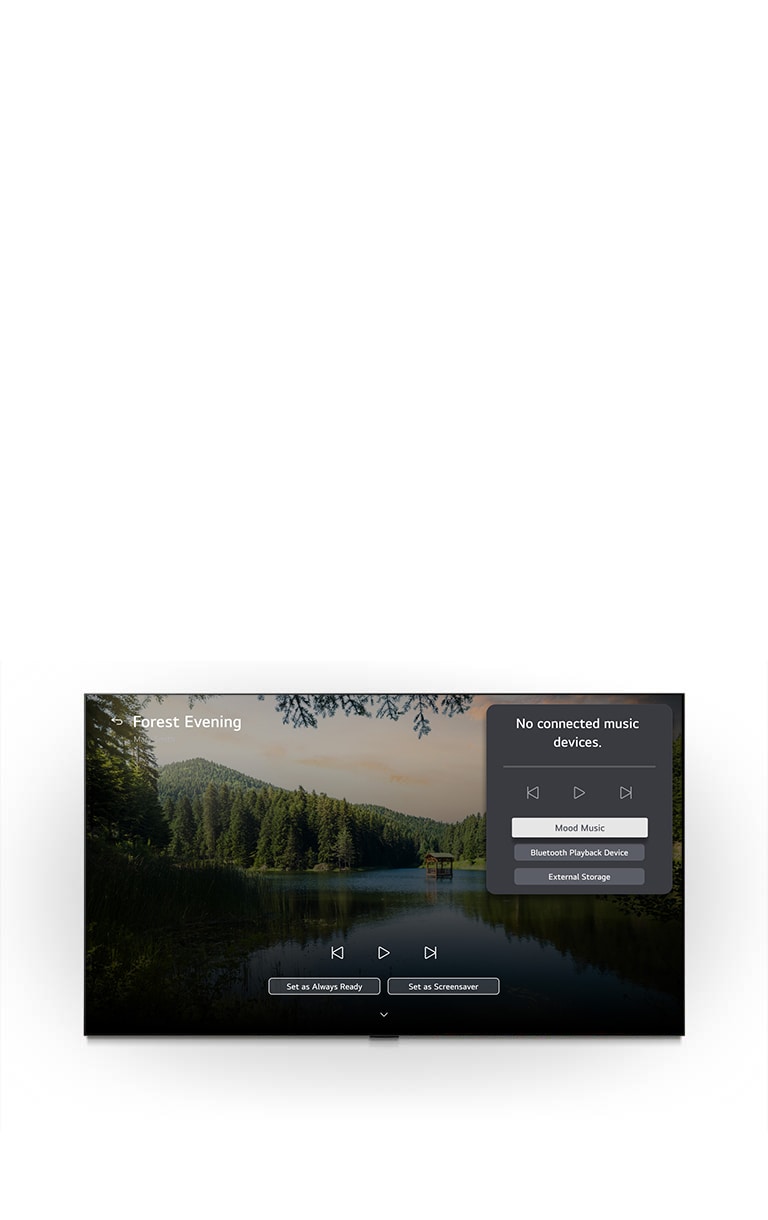 LG QNED evo AI Mini LED QNED90 LG Gallery+ ar BGM un Music Lounge ekrānā rāda “Forest Evening” meža ezera ainu, ar redzamu Music Lounge lietotāja saskarnes paneli noskaņas mūzikai, Bluetooth atskaņošanai un vadīklām. 	