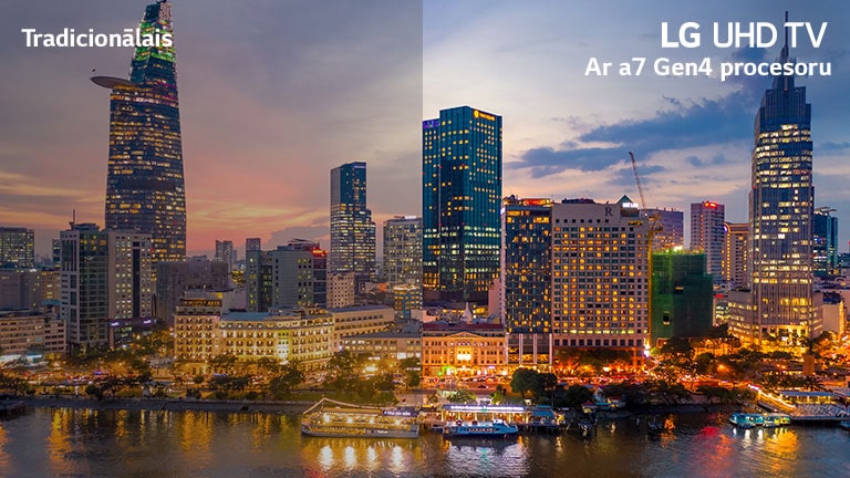 Divās daļās salīdzināšanai sadalītā attēlā redzama naksnīga pilsēta — kreisajā pusē ir tradicionālais televizors, bet labajā — LG UHD televizors ar a7 Gen4 procesoru.