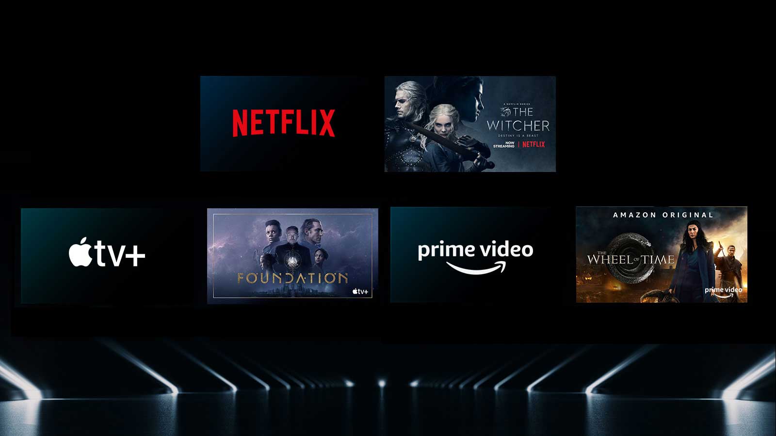 Attēlā redzami dažādi OTT pakalpojumi ar attiecīgajiem seriāliem pie katra logo.