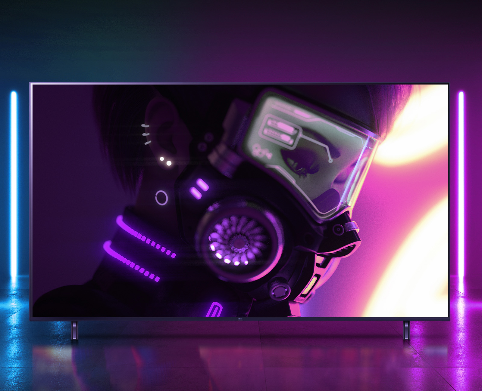 Monitors, kurā redzams varonis, kam uzvilkts augsto tehnoloģiju aprīkojums.