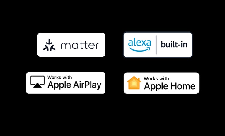 Iebūvētās Alexa logotips Atbalsta Apple Airplay logotips Atbalsta Apple Home logotips Atbalsta Matter logotips
