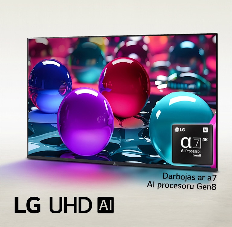 LG UHD TV ir novietots nedaudz leņķī ar skatu pa kreisi un attēlo krāsainas bumbiņas dažādos rozā, zilos un violetos toņos. alpha 7 AI procesora Gen8 logotips ir iegults TV apakšējā labajā stūrī. LG UHD AI logotips atrodas apakšējā kreisajā stūrī. Redzams arī teksts “powered by alpha 7 AI Processor Gen8” (“darbina alpha 7 AI procesors Gen8”).