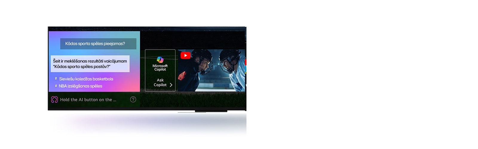 Tuvplāns ar LG QNED TV ekrānu, parādot, kā darbojas AI Search. Tiek atvērts neliels tērzēšanas logs, kurā redzams, kā lietotājs jautāja, kādas sporta spēles ir pieejamas. AI Search sniedza atbildi, izmantojot tērzēšanu un rādot pieejamā satura sīktēlus. Ir arī uzvedne, lai uzdotu jautājumu Microsoft Copilot. 
