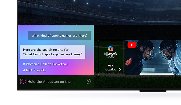 Tuvplāns ar LG QNED TV ekrānu, parādot, kā darbojas AI Search. Tiek atvērts neliels tērzēšanas logs, kurā redzams, kā lietotājs jautāja, kādas sporta spēles ir pieejamas. AI Search sniedza atbildi, izmantojot tērzēšanu un rādot pieejamā satura sīktēlus. Ir arī uzvedne, lai uzdotu jautājumu Microsoft Copilot. 