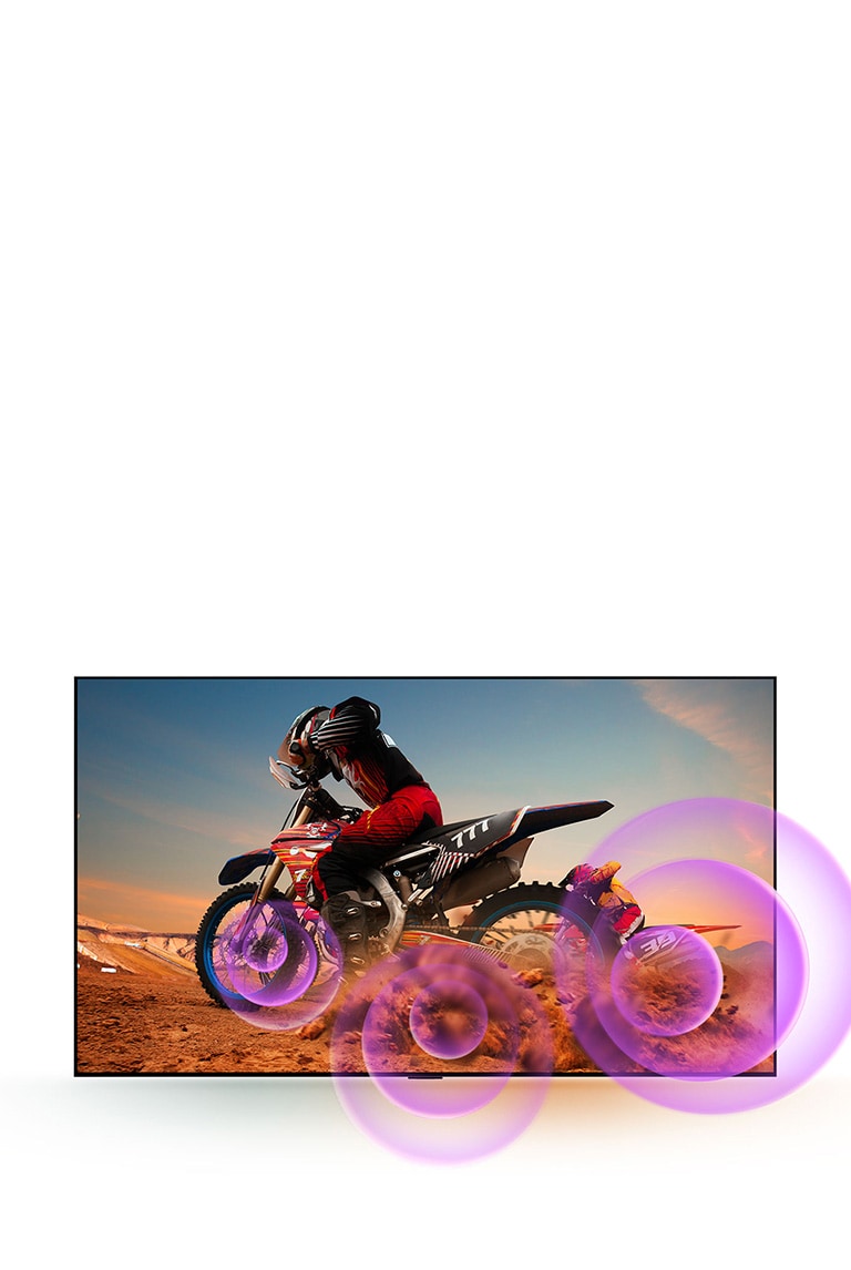 LG NanoCell TV attēlo vīrieti uz motocikla ar violetiem abstraktiem apļiem, kas iznāk no stūres, lai vizualizētu skaņas emisiju. 