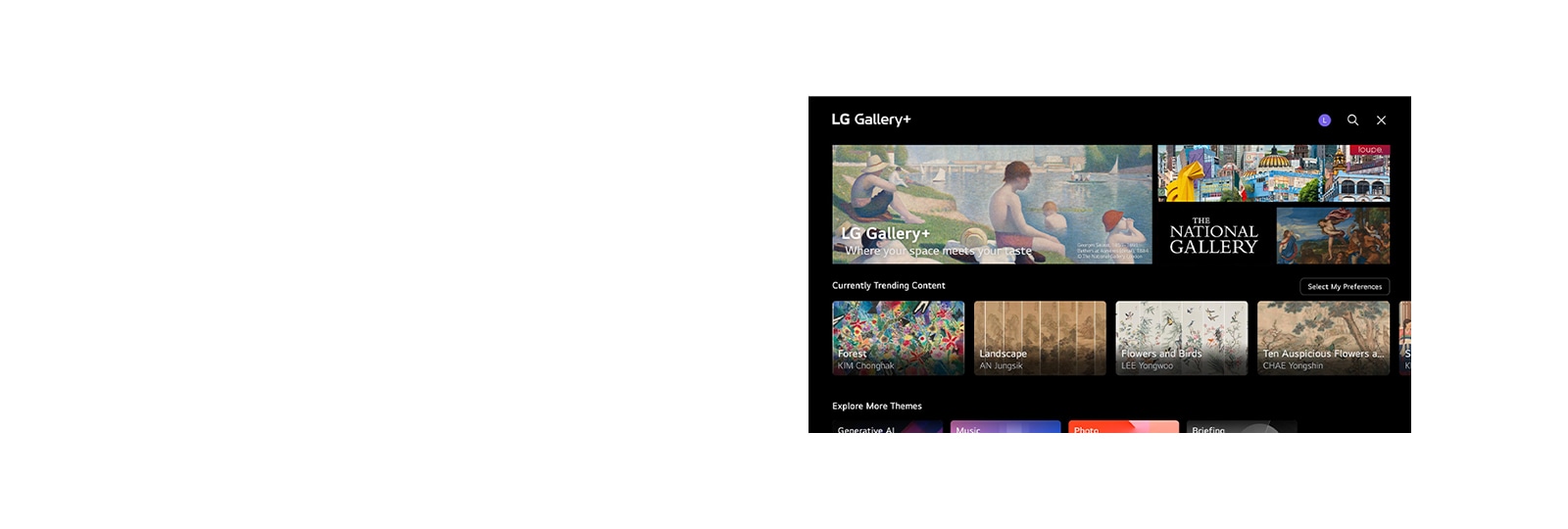 LG TV sākuma ekrānā tiek parādīts automātiski atlasīta satura saņemšanas preferenču iestatīšanas process.‭ No izvēles starp dažāda veida saturu līdz personalizēta profila saņemšanai. 