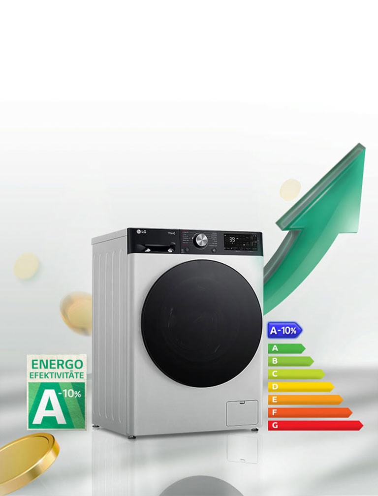 A-10% energoefektivitātes reitinga marķējums un enerģijas reitinga grafiks parādīts līdzās veļas mazgājamajai mašīnai. Aiz veļas mazgājamās mašīnas redzama zaļa bulta augšupvērstā virzienā.