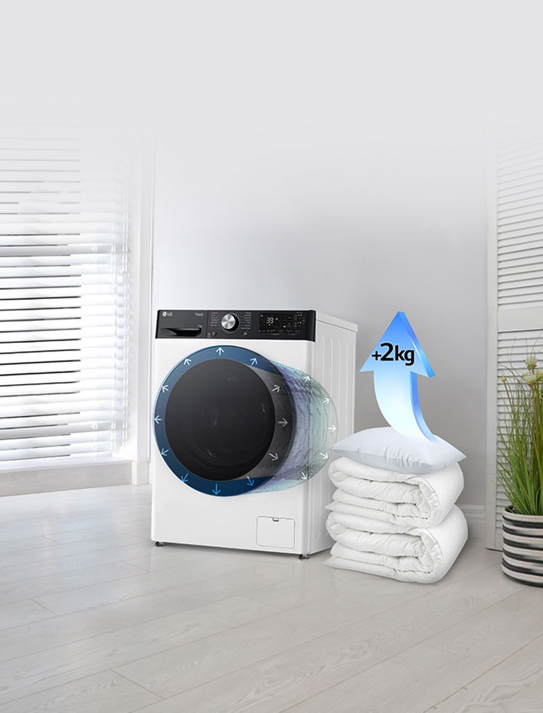 Segas un spilveni atrodas blakus veļas mazgājamajai mašīnai, un bulta uz spilvena norāda ietilpības palielinājumu par 2 kg.