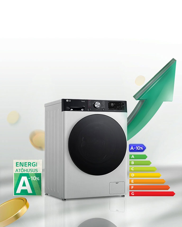A-10 % energoefektivitātes reitinga marķējums un enerģijas reitinga grafiks parādīts līdzās veļas mazgājamajai mašīnai. Aiz veļas mazgājamās mašīnas redzama zaļa bulta augšupvērstā virzienā.