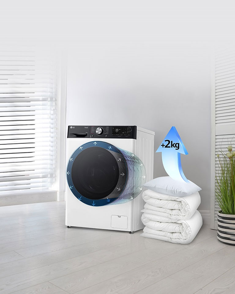 Segas un spilveni atrodas blakus veļas mazgājamajai mašīnai, un bulta uz spilvena norāda ietilpības palielinājumu par 2 kg.