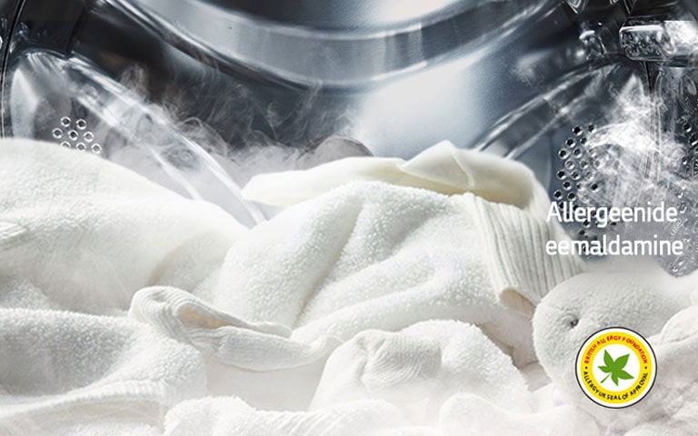 Balts halāts un mīkstā rotaļlieta redzama veļas mazgājamās mašīnas tvertnē, mazgājot ar tvaiku