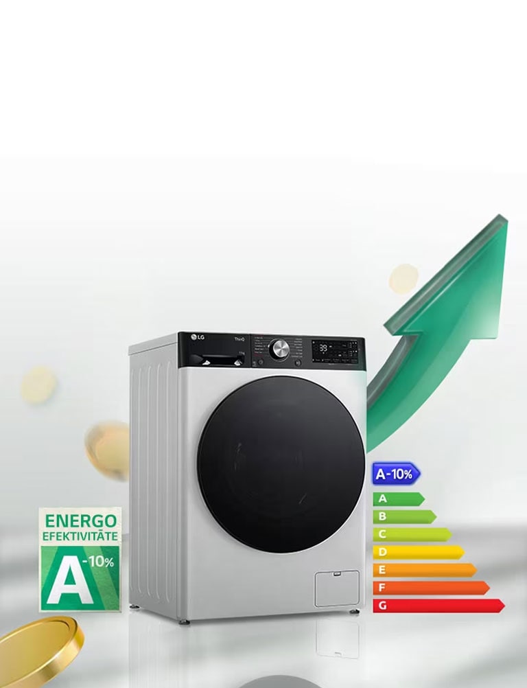 A-10% energoefektivitātes reitinga marķējums un enerģijas reitinga grafiks parādīts līdzās veļas mazgājamajai mašīnai. Aiz veļas mazgājamās mašīnas redzama zaļa bulta augšupvērstā virzienā.