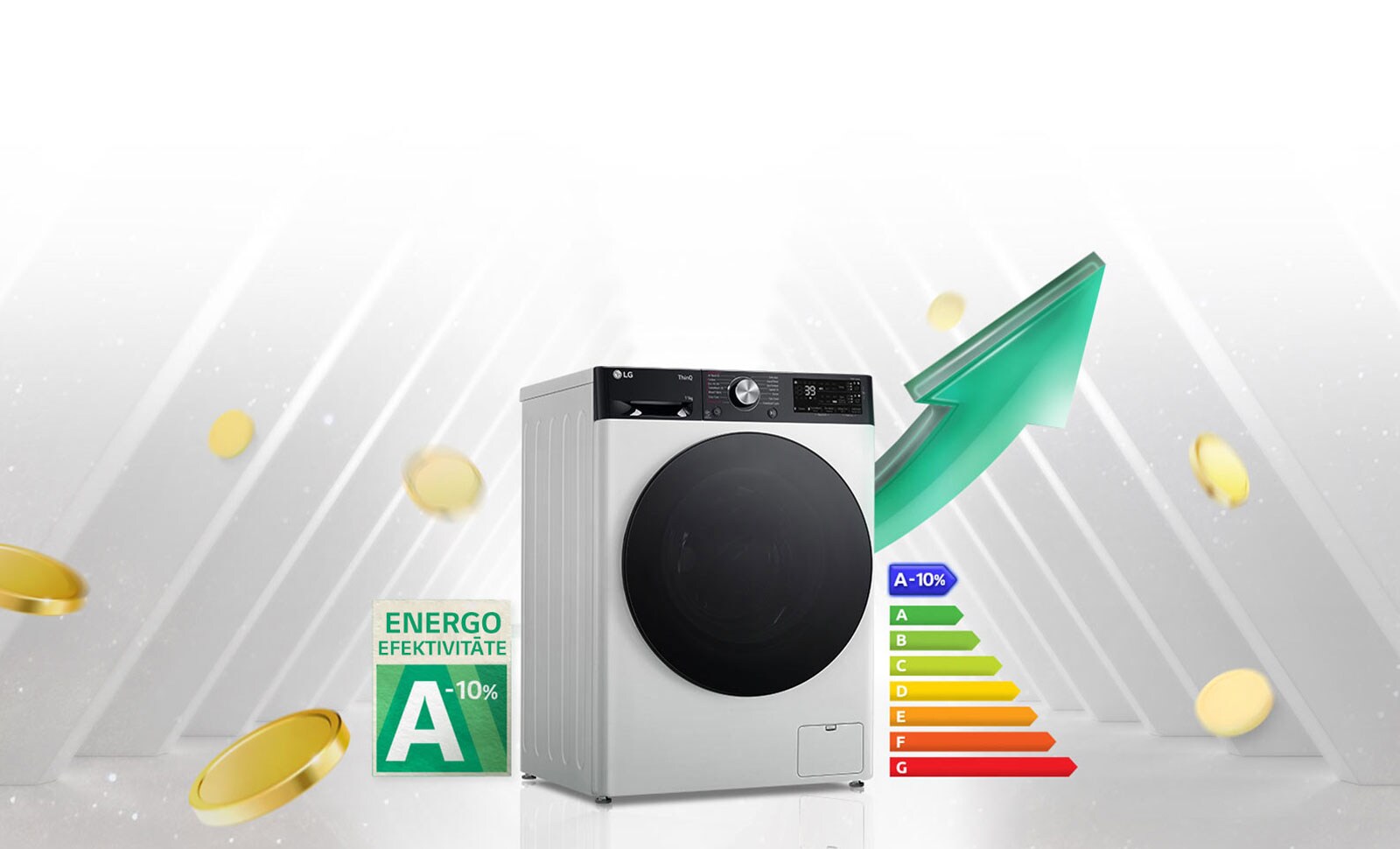 A-10% energoefektivitātes reitinga marķējums un enerģijas reitinga grafiks parādīts līdzās veļas mazgājamajai mašīnai. Aiz veļas mazgājamās mašīnas redzama zaļa bulta augšupvērstā virzienā.