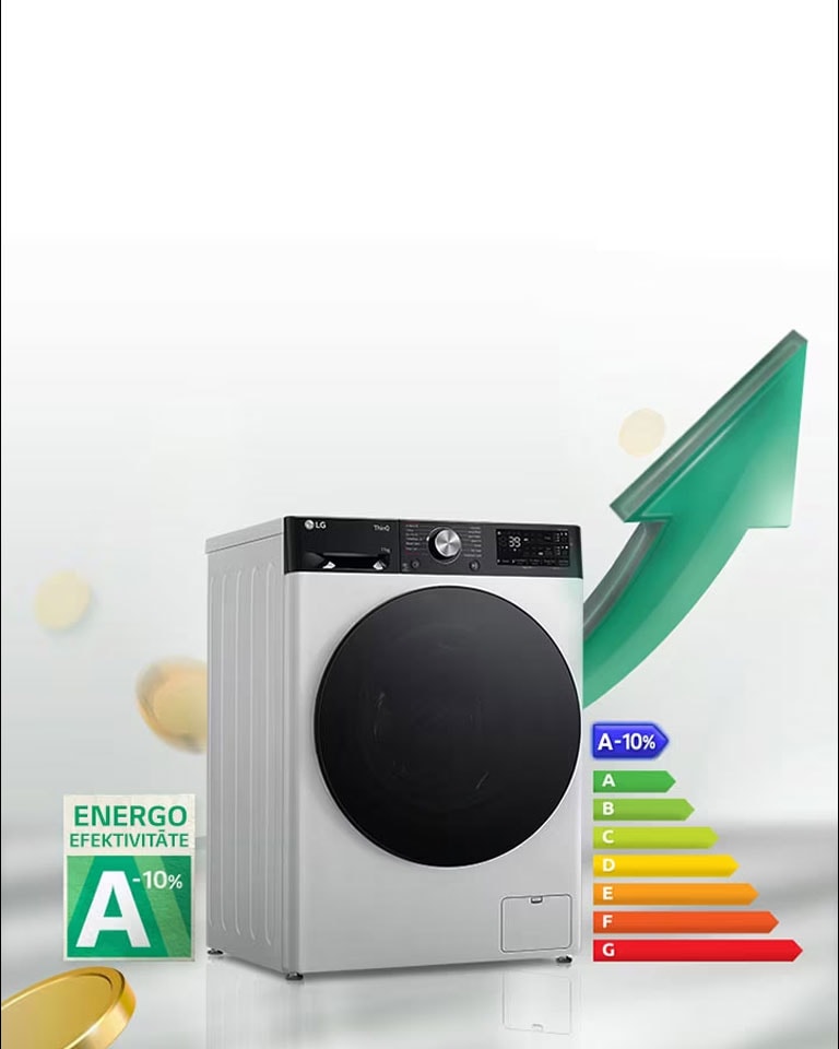 A-10% energoefektivitātes reitinga marķējums un enerģijas reitinga grafiks parādīts līdzās veļas mazgājamajai mašīnai. Aiz veļas mazgājamās mašīnas redzama zaļa bulta augšupvērstā virzienā.