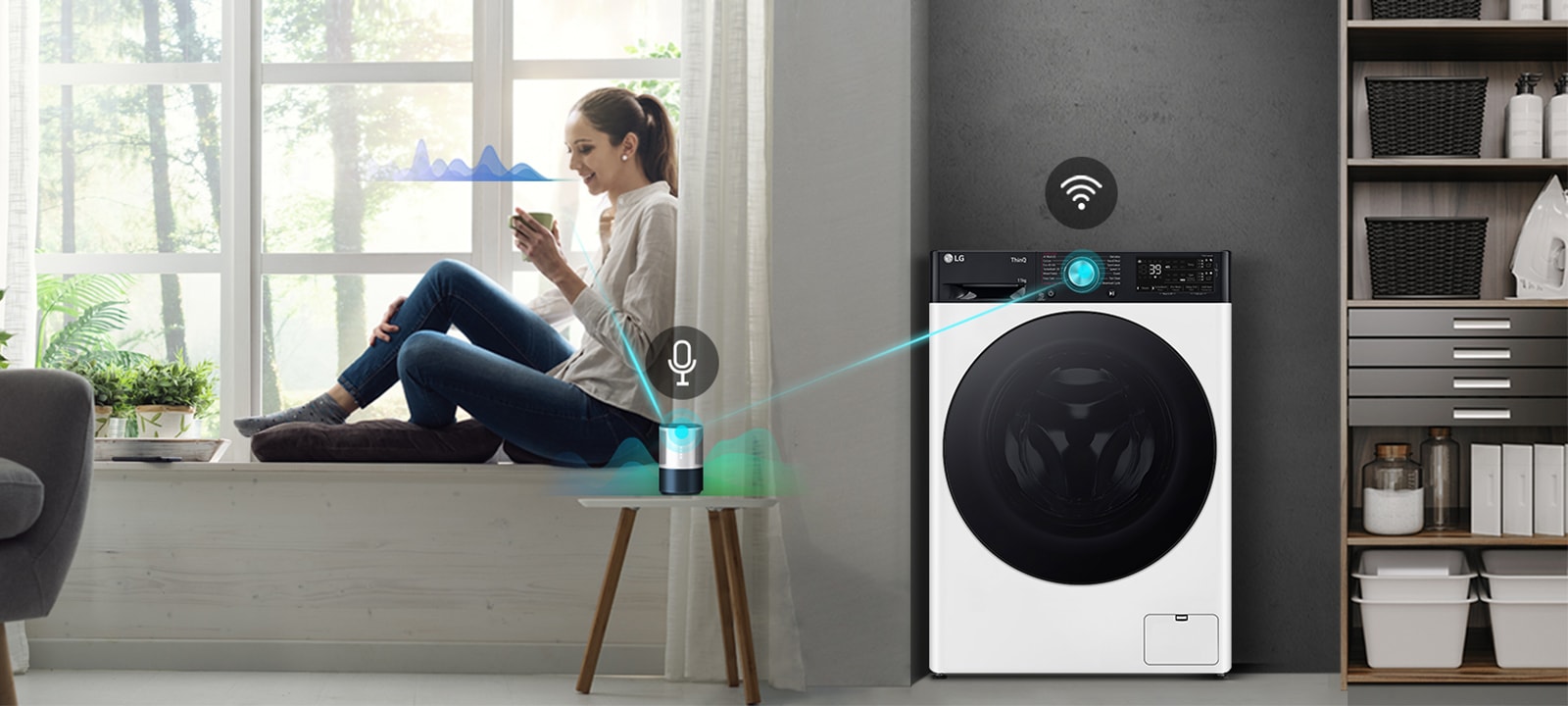 Sieviete sēž logā ar dzērienu. Viņa runā ar mākslīgā intelekta skaļruni, rādot līniju no viņas līdz skaļrunim un skaņas vilni blakus viņas sejai. Pēc tam mākslīgā intelekta skaļrunis tiek savienots ar veļas mašīnu, kas parādīts ar līniju un skaņas viļņiem.