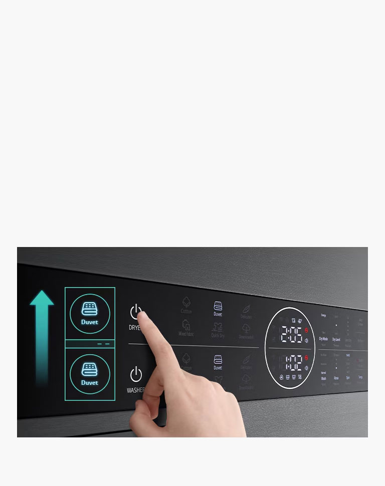 This is an image of the product panel. Dryer's Duvet button and Washer's Duvet button are highlighted.