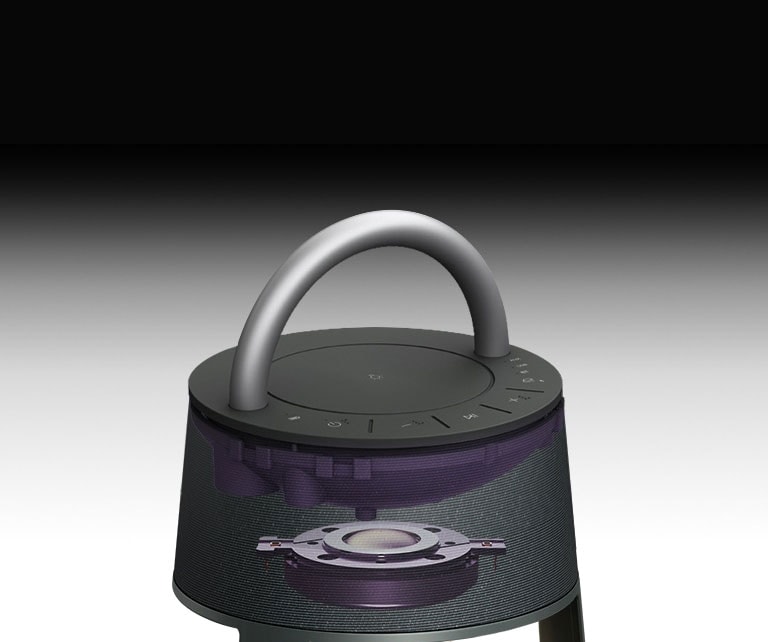 Attēlā redzams titāna augstfrekvences reproduktors virs XBOOM 360.