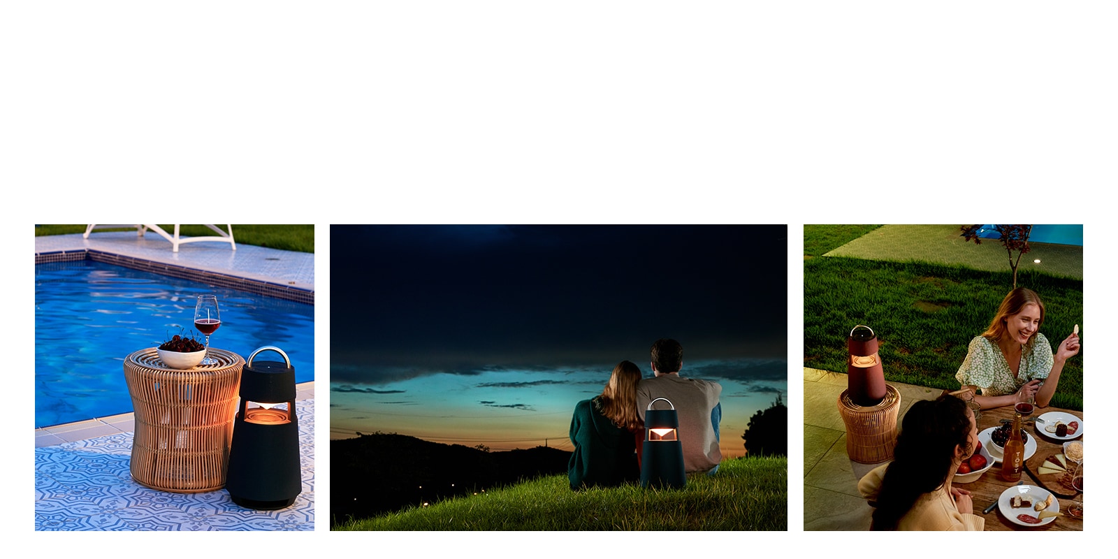 "Attēlā redzams dzelteni izgaismots XBOOM 360 pie āra peldbaseina. Attēlā redzama sieviete un vīrietis, kuri skatās uz saulrietu naktī un kuriem aiz muguras stāv XBOOM 360. Attēlā redzams dzeltens XBOOM 360 aizmugurējā kreisā pusē un sieviete, kas bauda ballīti."