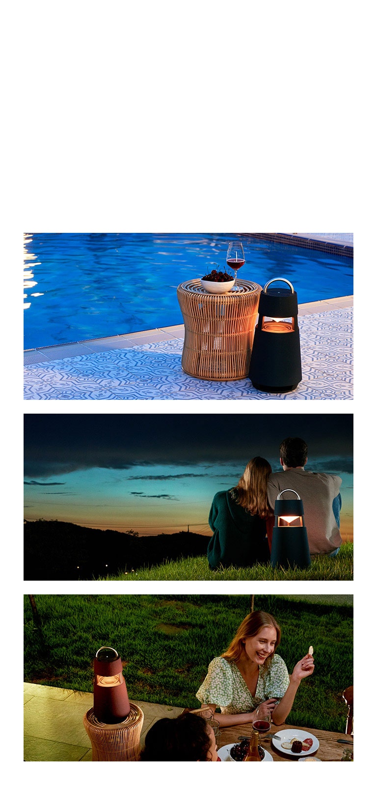 "Attēlā redzams dzelteni izgaismots XBOOM 360 pie āra peldbaseina. Attēlā redzama sieviete un vīrietis, kuri skatās uz saulrietu naktī un kuriem aiz muguras stāv XBOOM 360. Attēlā redzams dzeltens XBOOM 360 aizmugurējā kreisā pusē un sieviete, kas bauda ballīti."