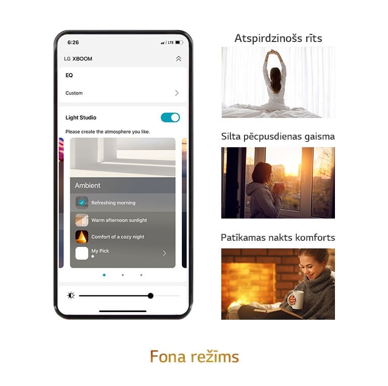 "Attēlā redzams mobilā tālruņa ekrāns ar lietotni, kurā iestatīts fona režīms. Attēlos redzama sievietes — viena sēž gultā un staipās, otra veras pa logu uz saulrietu, un trešā atpūšas, lasot grāmatu."