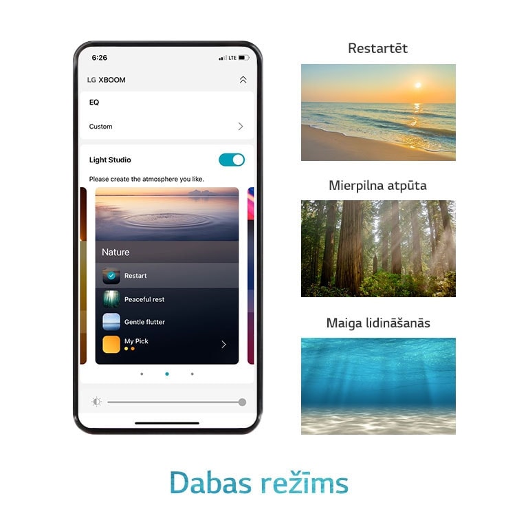 Attēlā redzams mobilā tālruņa ekrāns ar lietotni, kurā iestatīts dabas režīms. Attēlā redzama pludmale un saulriets. Attēlā redzams saules pieliets mežs. Attēlā redzama gaisma, kas iespīd zem dzidras jūras.