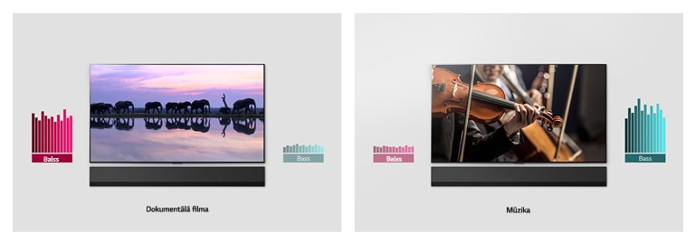 Divos blakus izvietotos attēlos redzami pie sienas piestiprināti televizori un skaņas joslas. Vienā televizorā redzami ziloņi, bet otrā — orķestris. Katram televizoram blakus ir diagramma.