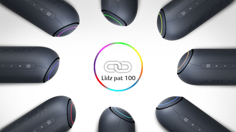 Uz balta fona redzami astoņi, aplī ap saites ikonu izvietoti LG XBOOM Go ar dažādām gaismiņām.