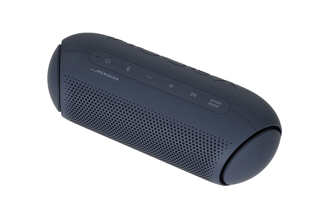 LG XBOOM Go PL5 bezvadu skaļrunis, Pietuvinājumā viens XBOOM Go gals, kreisais zemo frekvenču pastiprinātājs ar violetām gaismiņām., PL5, thumbnail 13