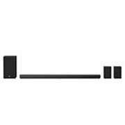 LG 7.1.4 kanālu SoundBar audio sistēma ar Dolby Atmos un 770W audio izvadi, skats no priekšpuses ar zemo frekvenču pastiprinātāju un aizmugures uz augšu vērstu skaļruni, SN11R, thumbnail 1