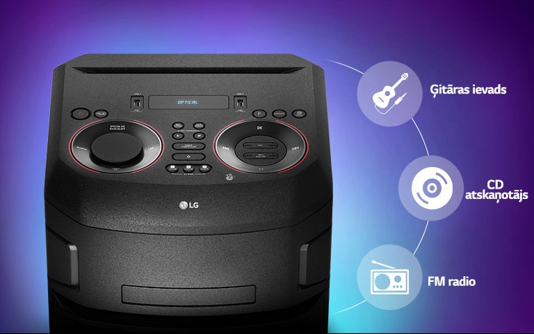 Pietuvinājumā redzama LG XBOOM augšpuse, un ap produktu attēlotas savienojamības ikonas.