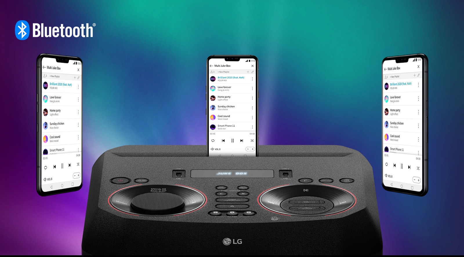 Attēlā redzams viedtālrunis uz LG XBOOM, un apkārt lidinās divi citi viedtālruņi. Augšējā kreisajā stūrī redzams Bluetooth logotips.