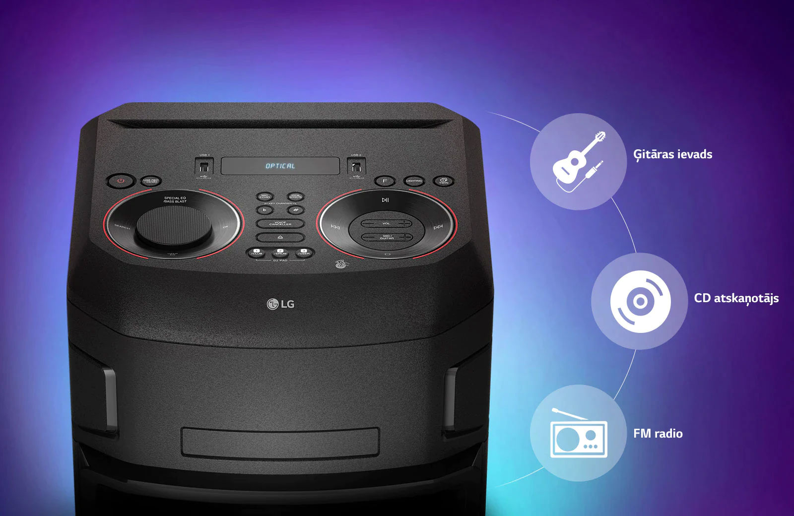 Pietuvinājumā redzama LG XBOOM augšpuse, un ap produktu attēlotas savienojamības ikonas.