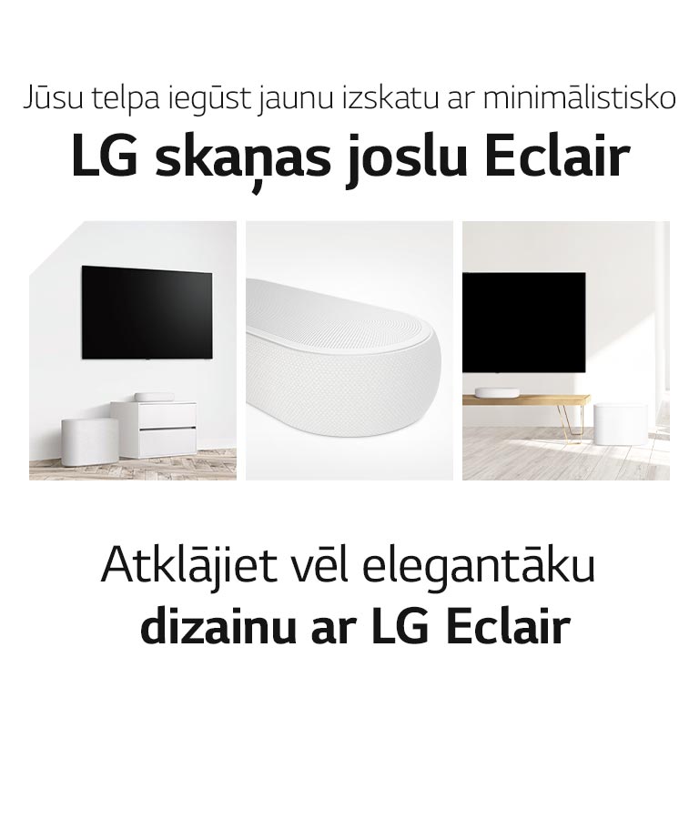 Redzama kolāža no trim attēliem — skaņas josla un zemo frekvenču pastiprinātājs baltā viesistabā kreisajā pusē, tuvplānā pa vidu skaņas josla no labās puses, un skaņas josla un zemo frekvenču pastiprinātājs novietots uz koka skapīša pa labi no kolāžas.