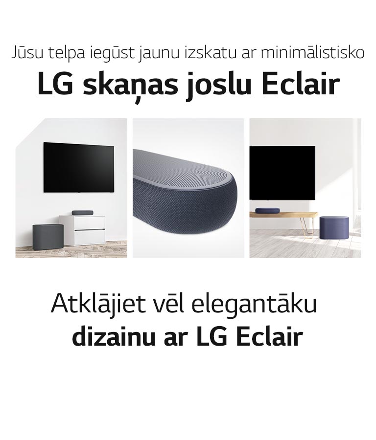 Redzama kolāža no trim attēliem — skaņas josla un zemo frekvenču pastiprinātājs baltā viesistabā kreisajā pusē, tuvplānā pa vidu skaņas josla no labās puses, un skaņas josla un zemo frekvenču pastiprinātājs novietots uz koka skapīša pa labi no kolāžas.