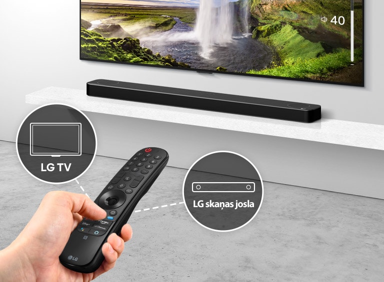 Personas rokā redzama pults, ar kuru tiek kontrolēts fonā esošais televizors un skaņas josla. Redzamas LG TV un LG skaņas joslas ikonas.