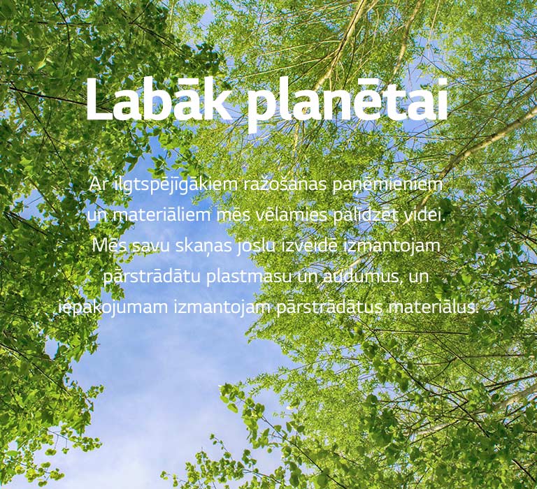 Zaļā attēlā redzami koši lapu koki, starp kuriem vīd debesis.