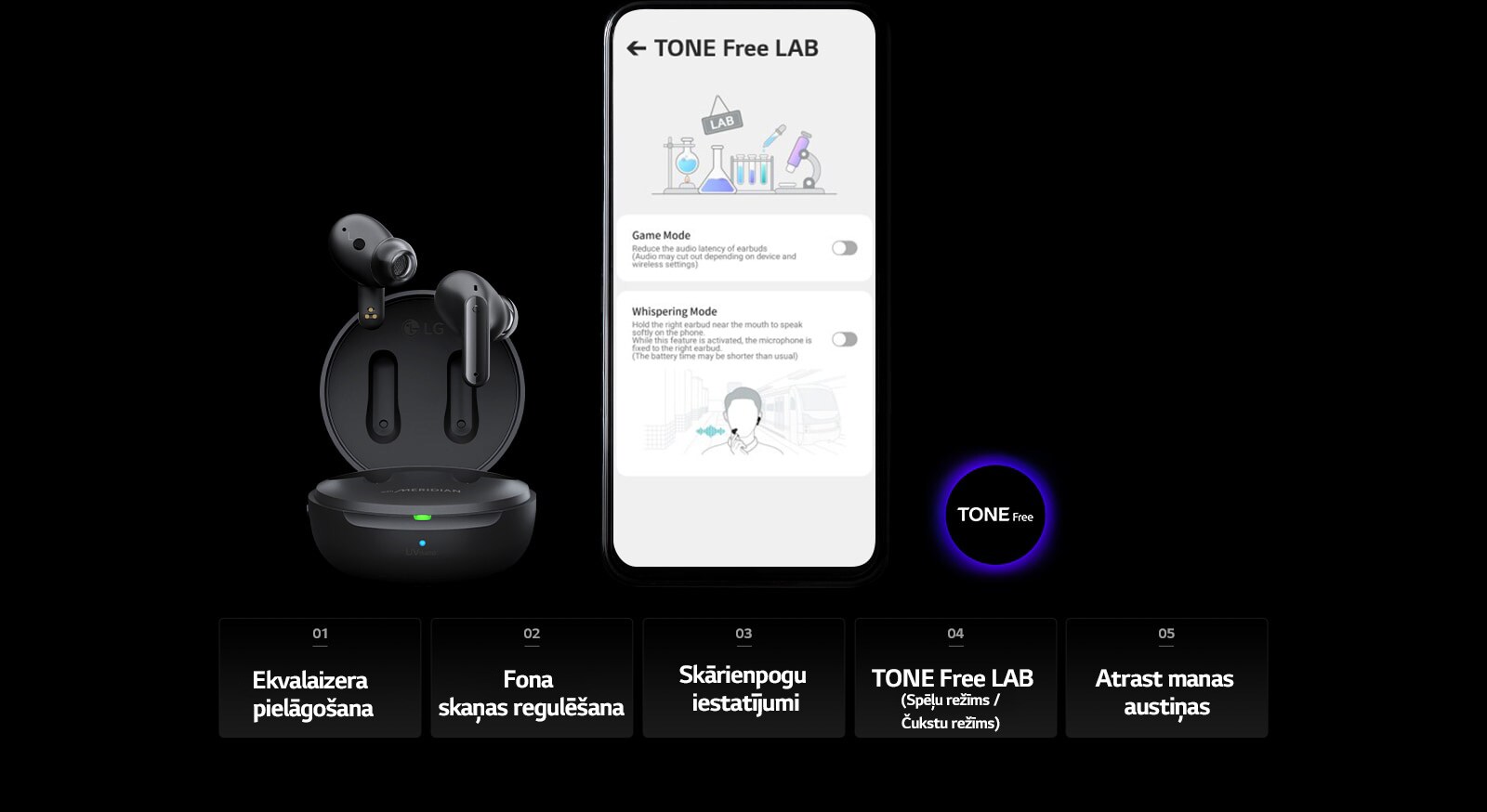 An image of the TONE Free LAB screen on the mobile phone and the TONE Free product placed left next to it.