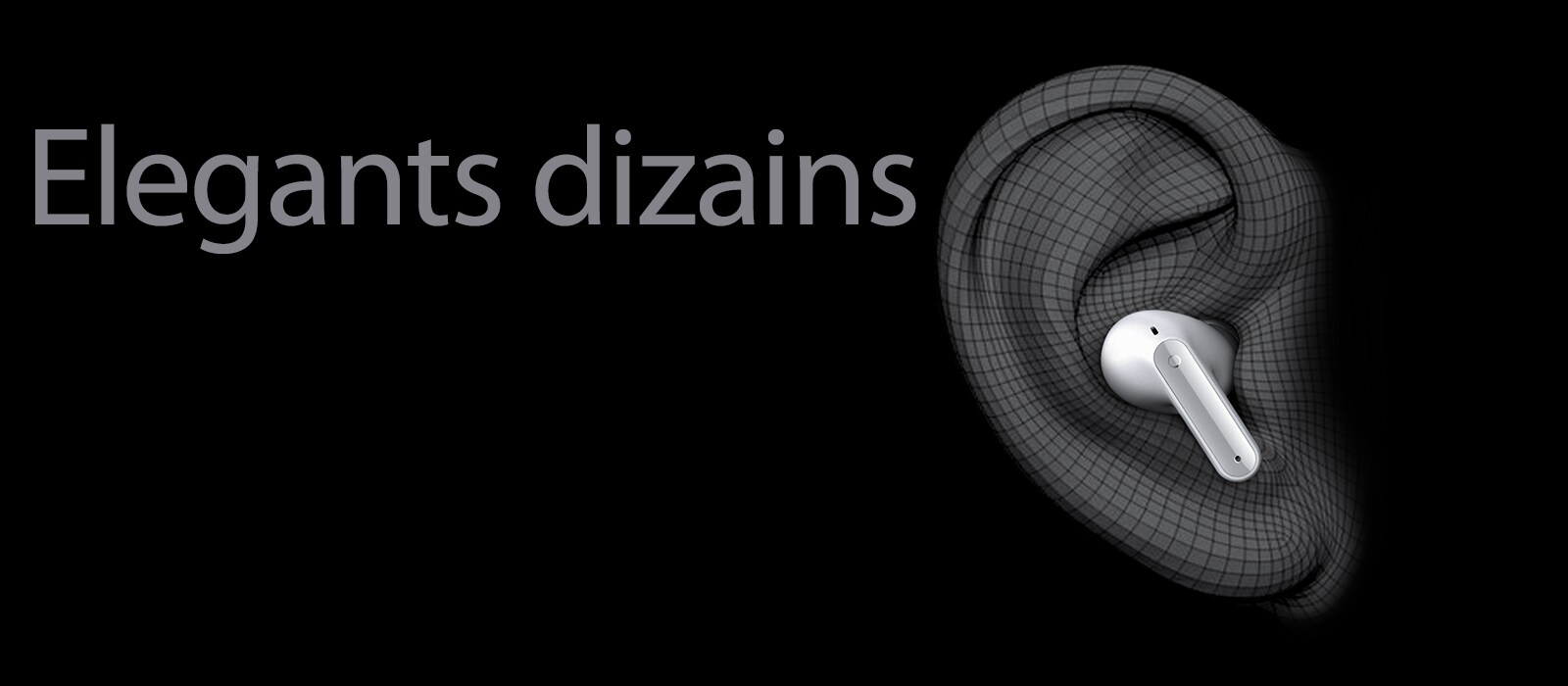 Attēlā redzamas TONE Free austiņas auss 3D modelī. Zem tā ir redzams uzraksts “Ergonomisks dizains”.