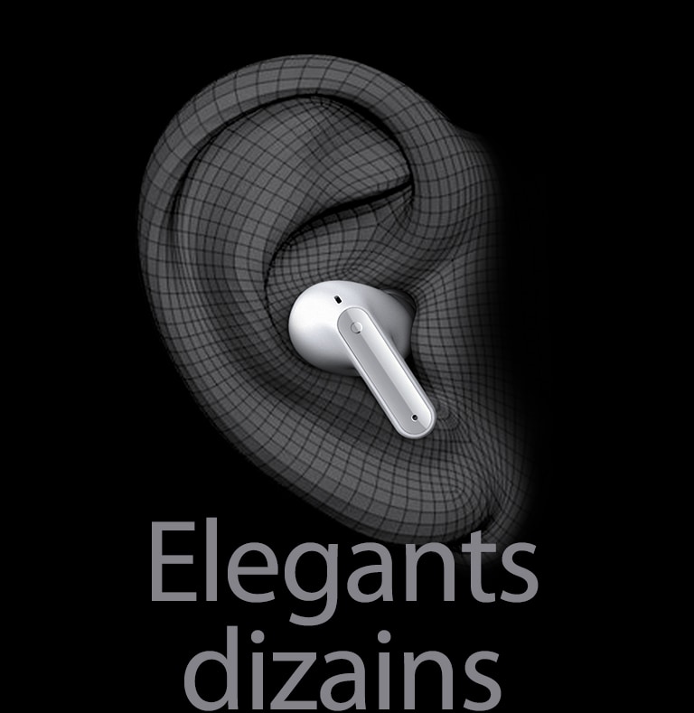 Attēlā redzamas TONE Free austiņas auss 3D modelī. Zem tā ir redzams uzraksts “Ergonomisks dizains”.