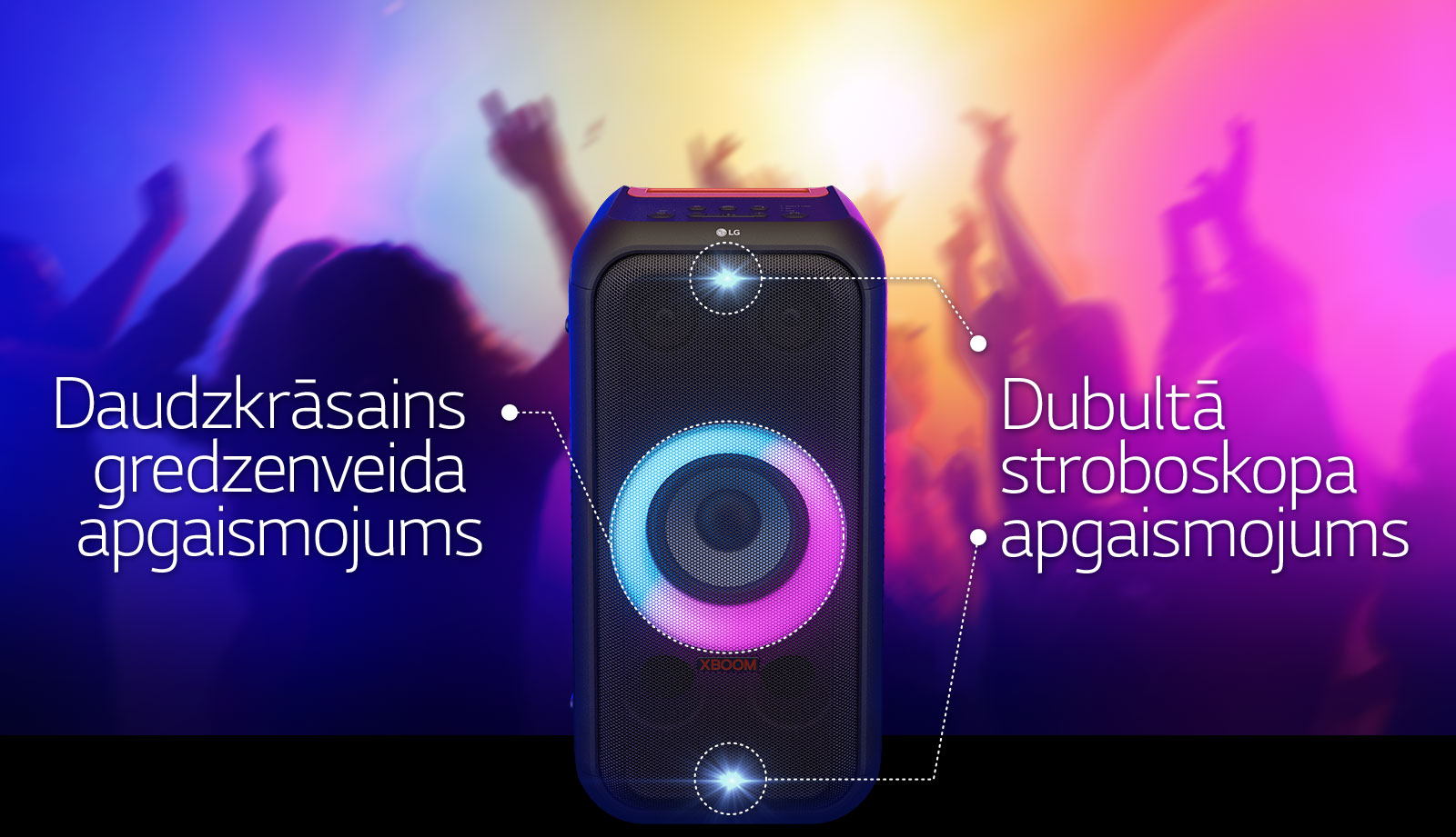 Skats no priekšpuses uz skaļruni. Rinda, kas informē par katru apgaismojuma daļu. Augšpusē un apakšā dubultā stroboskopa apgaismojums. Vidū ir ieslēgts rozā un zilā gradienta daudzkrāsu gredzenveida apgaismojums.