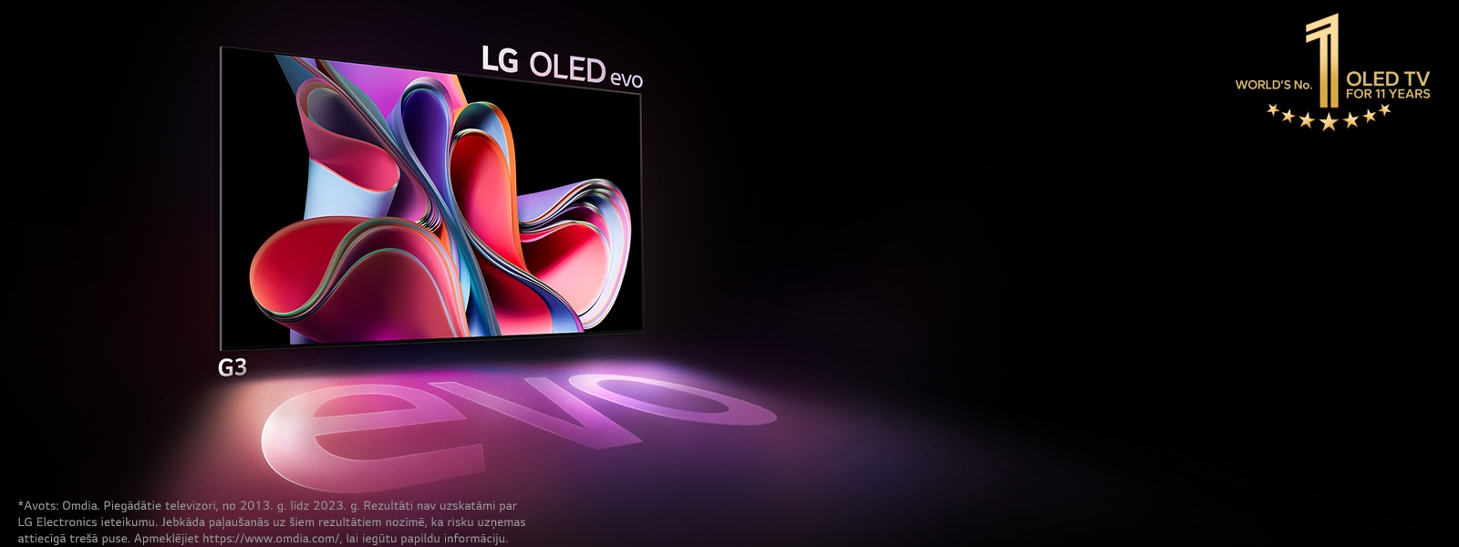 LG OLED G3 uz melna fona ar spilgti rozā un violetas krāsas abstraktu mākslas objektu. Attēla augšējā kreisajā stūrī redzama "11 Years World's No.1 OLED TV" emblēma. 